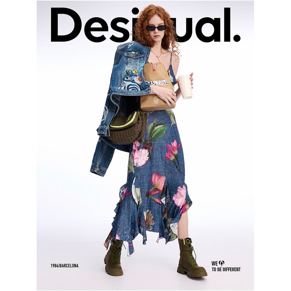 Desigual Spring Summer 2026 New Arrival Floral Print Textured Ruffled Long Spaghetti Strap Dress image 2