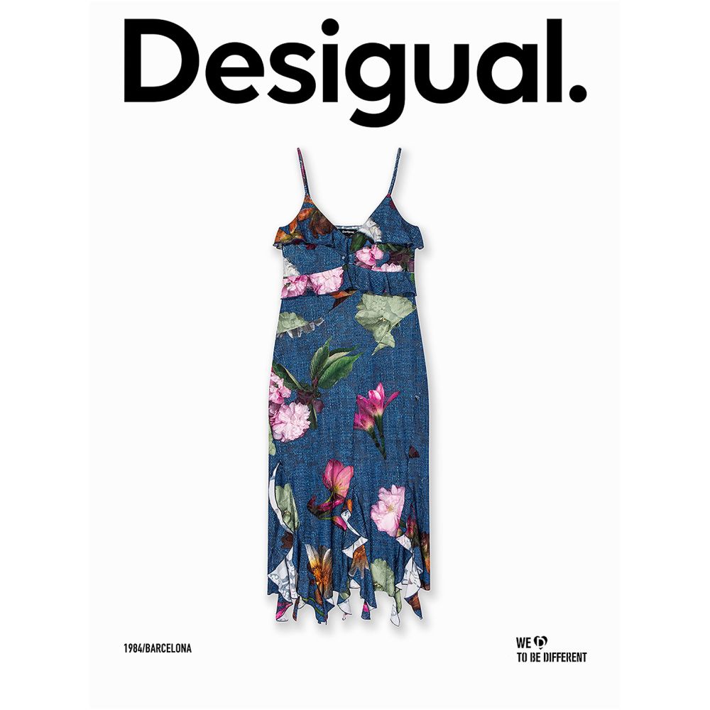Desigual Spring Summer 2026 New Arrival Floral Print Textured Ruffled Long Spaghetti Strap Dress image 4