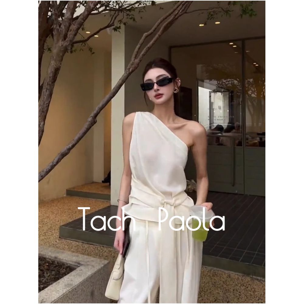 Tach Paola French inspired off shoulder belted sleeveless white fitted vest shirt image 0