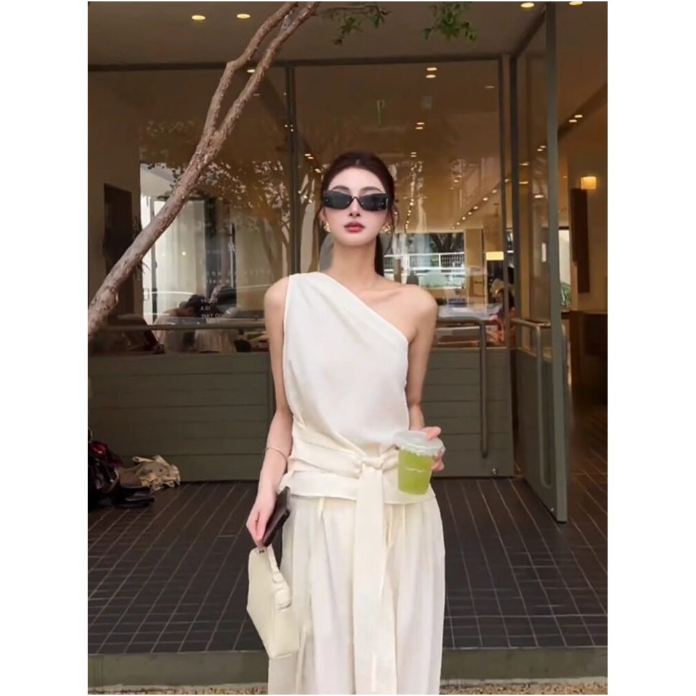 Tach Paola French inspired off shoulder belted sleeveless white fitted vest shirt image 2