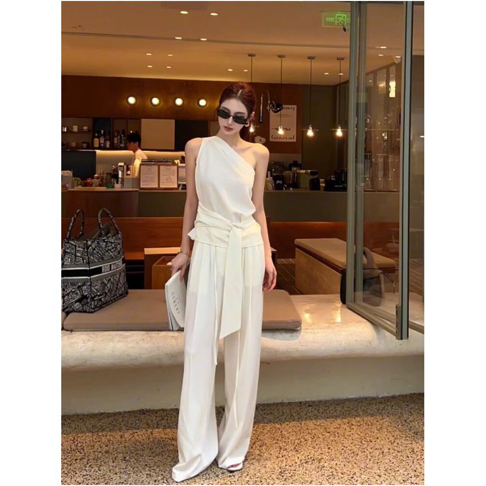Tach Paola French inspired off shoulder belted sleeveless white fitted vest shirt image 4