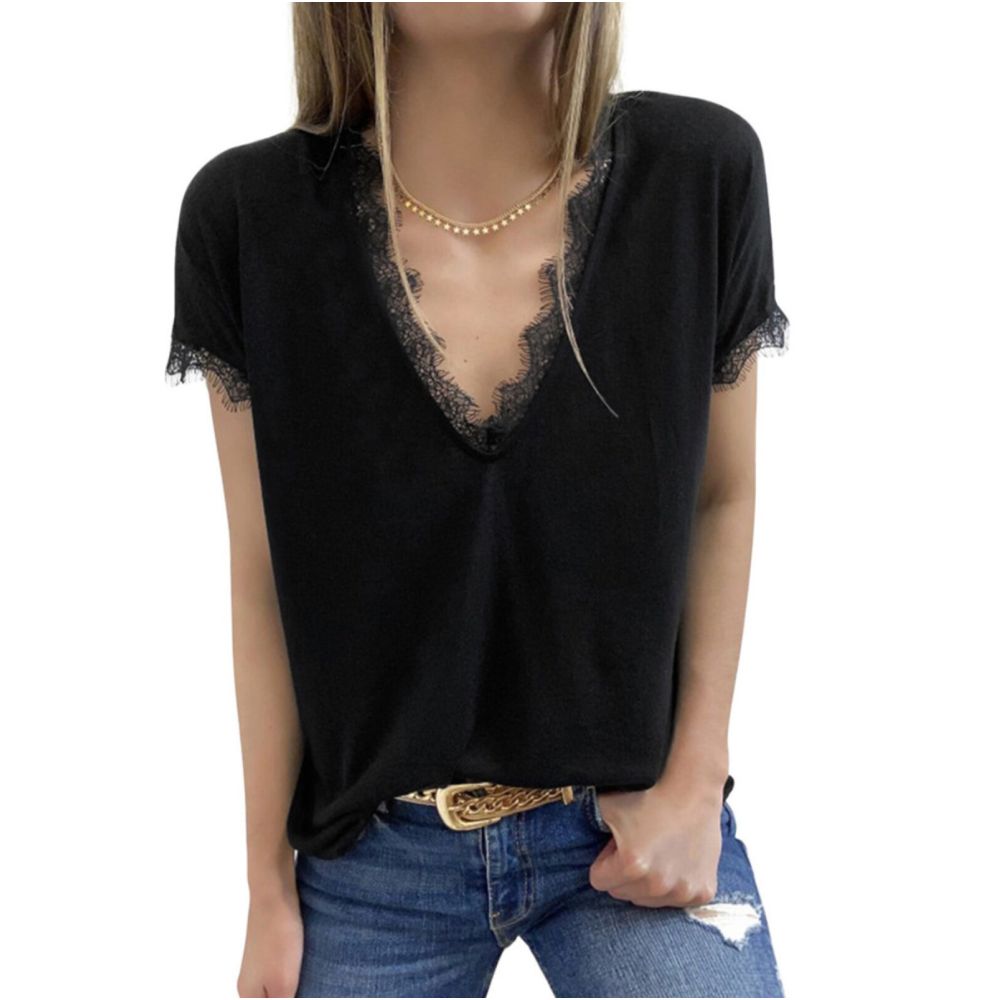French Rixo Rane Lace V neck Short sleeved T shirt for Women European and American style casual white pullover top image 1