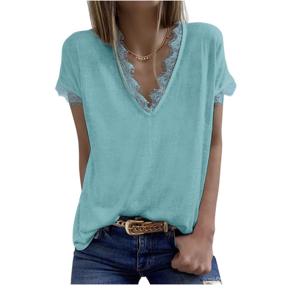 French Rixo Rane Lace V neck Short sleeved T shirt for Women European and American style casual white pullover top image 2