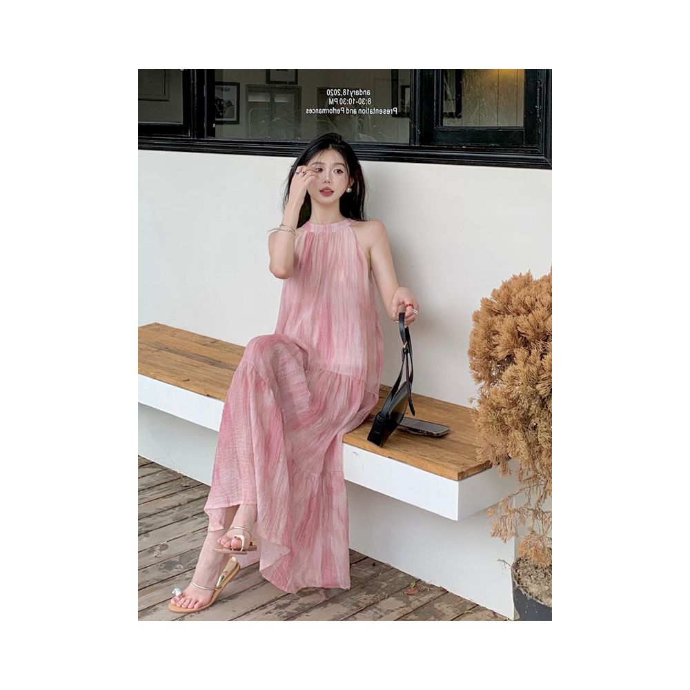 French style halter neck sleeveless loose pink tie dye dress for women new style for 2023 exuding a sophisticated sweet and gentle feel image 0