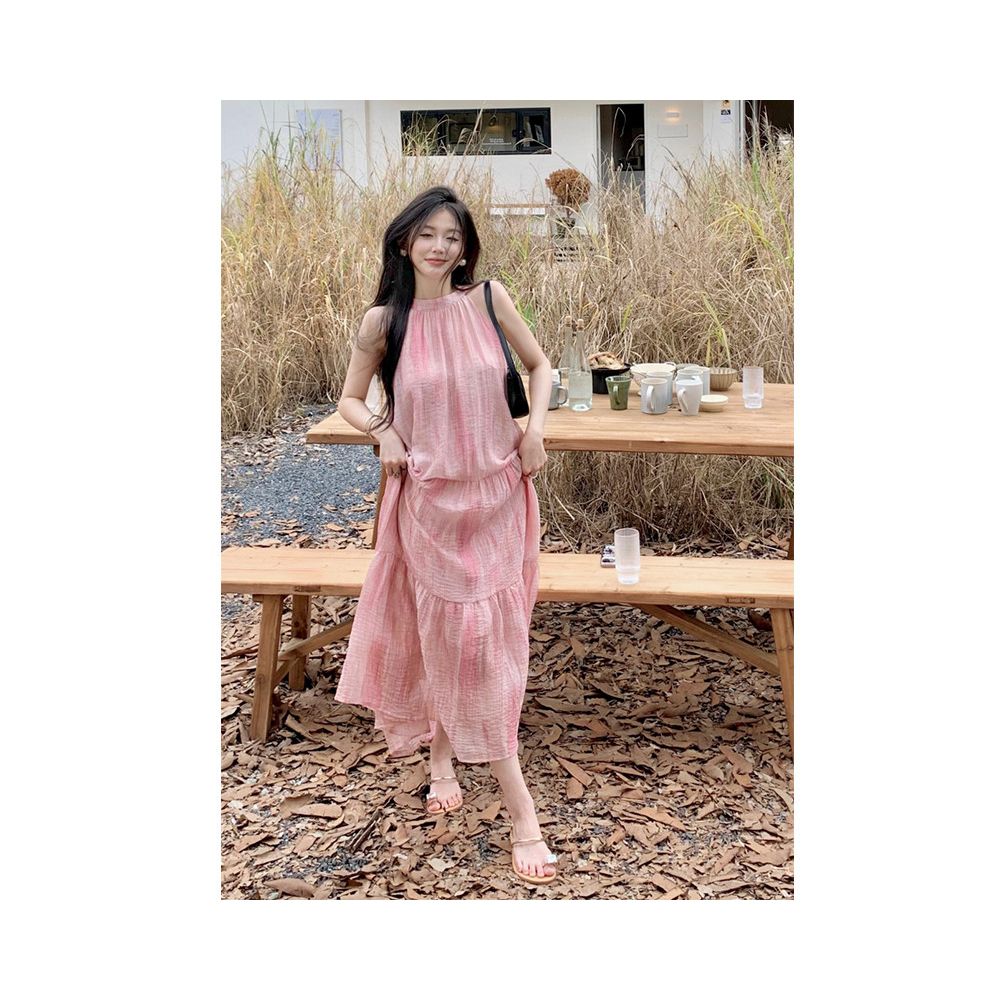 French style halter neck sleeveless loose pink tie dye dress for women new style for 2023 exuding a sophisticated sweet and gentle feel image 1