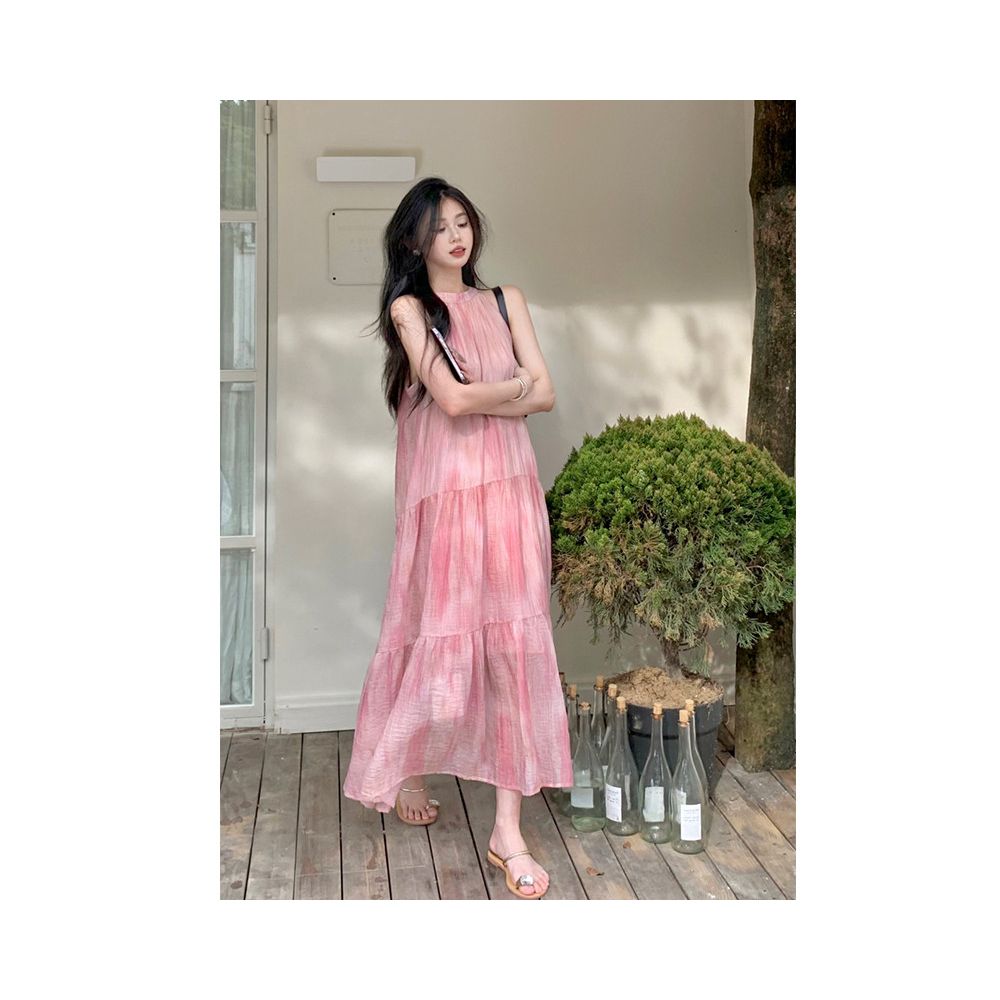 French style halter neck sleeveless loose pink tie dye dress for women new style for 2023 exuding a sophisticated sweet and gentle feel image 2