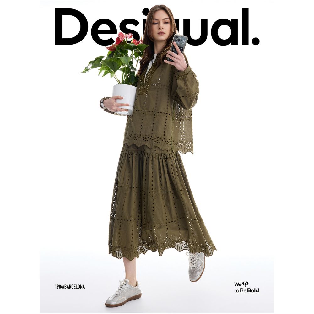 Desigual Spring Summer 2026 New Arrival Hollow out Embroidered Elastic Waist Long A line Women s Skirt image 1