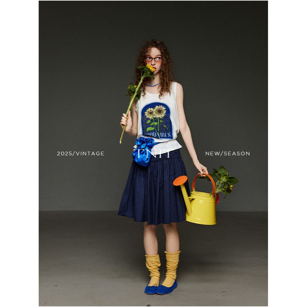 TNIT Lace Collar Sunflower Print Vest for Women Summer Design Unique Style Sleeveless T Shirt Top image 2