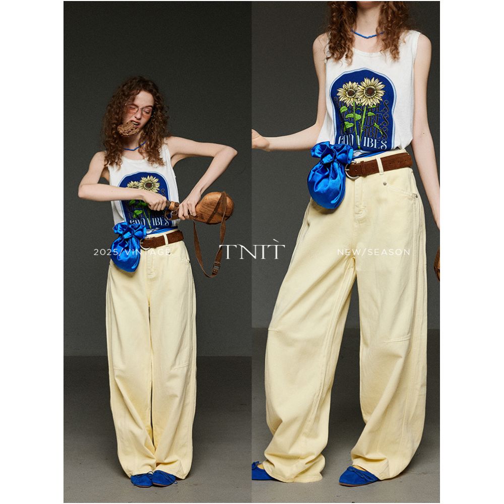 TNIT Retro Yellow Jeans for Women Summer High Waisted Straight Leg Slimming Casual Pants Loose Wide Leg Floor Length Pants image 0