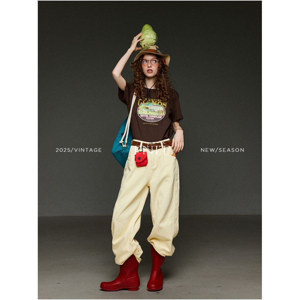 TNIT Retro Yellow Jeans for Women Summer High Waisted Straight Leg Slimming Casual Pants Loose Wide Leg Floor Length Pants image 1