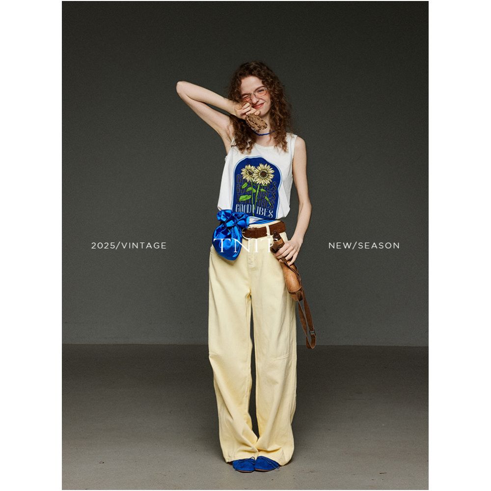 TNIT Retro Yellow Jeans for Women Summer High Waisted Straight Leg Slimming Casual Pants Loose Wide Leg Floor Length Pants image 2