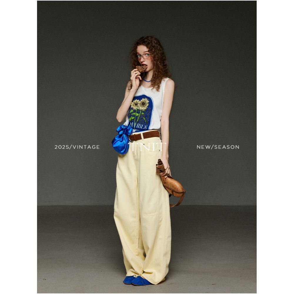 TNIT Retro Yellow Jeans for Women Summer High Waisted Straight Leg Slimming Casual Pants Loose Wide Leg Floor Length Pants image 3
