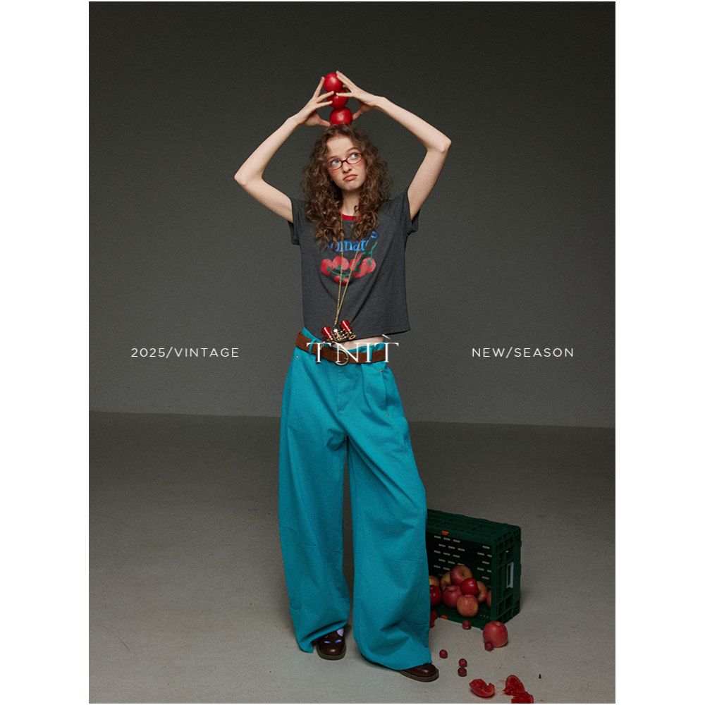 TNIT Retro Color Block Round Neck Tomato Print Letter Short Sleeve T Shirt Women s Summer Design Unique Top image 3