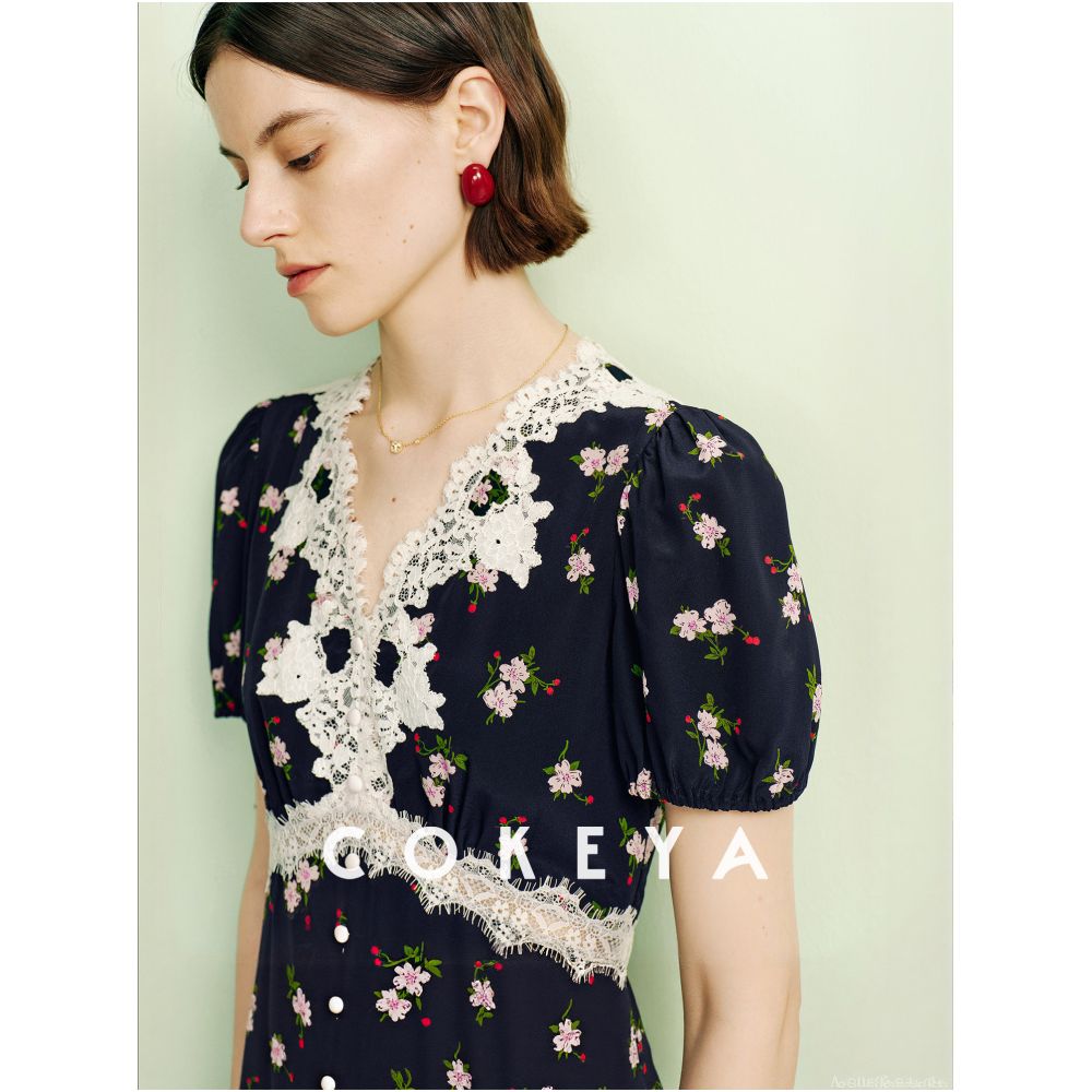 COKEYA Spring Night Cherry Blossom Silk V neck Slim Waist Short Sleeve French Floral Tea Dress for Women Summer image 2