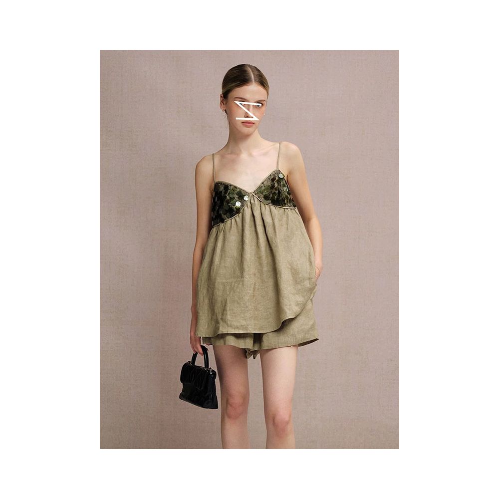 Niche sexy color blocked sequined V neck loose camisole tank top with drawstring wide leg pants for petite figures image 0