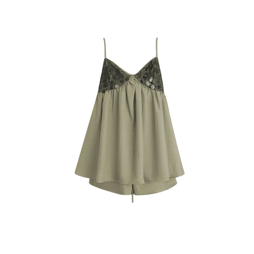 Niche sexy color blocked sequined V neck loose camisole tank top with drawstring wide leg pants for petite figures image 4