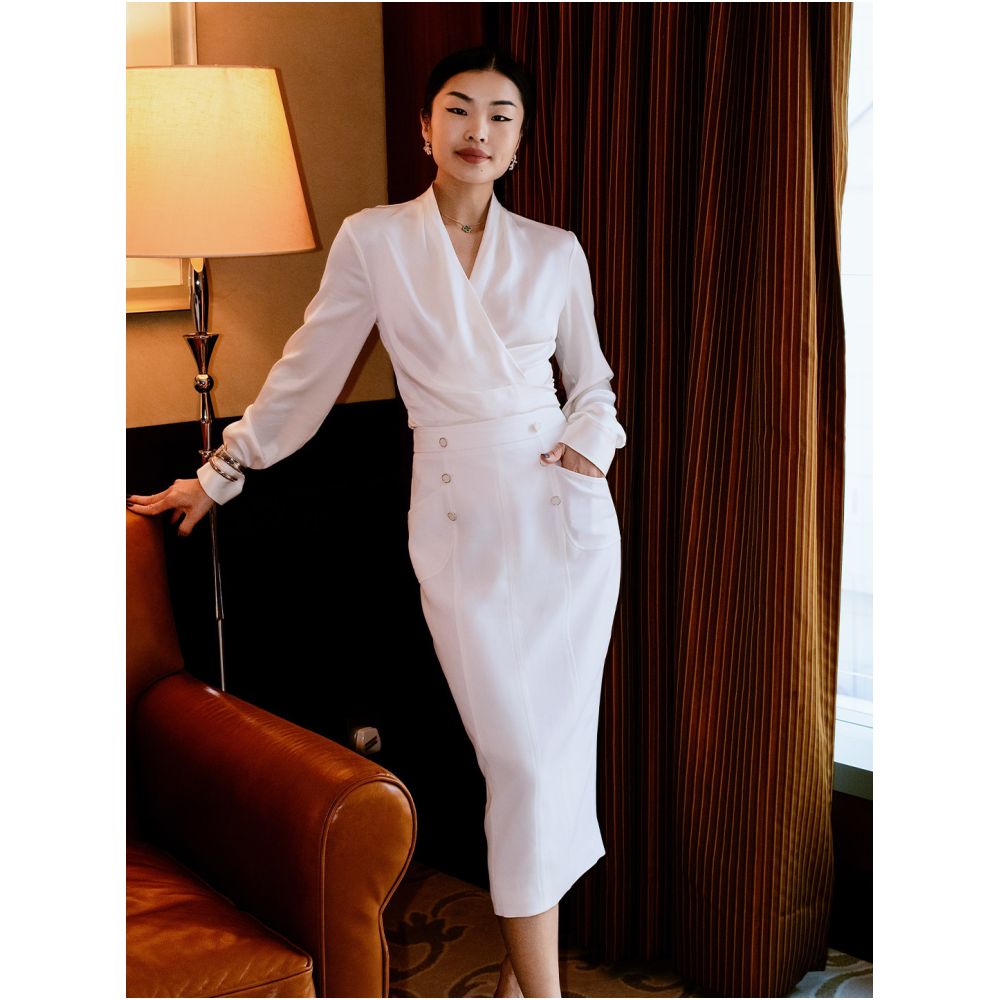 Acetate midi skirt for women 2026 Spring Summer new style double breasted high waisted slimming work appropriate black and white image 1