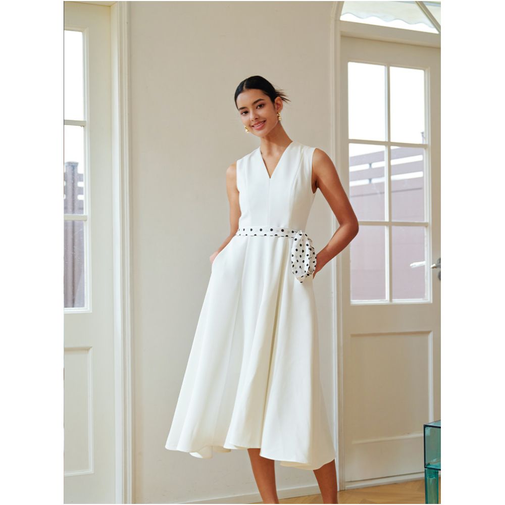 Classic V neck flowing skirt slim fit flattering silhouette stylish white dress a fresh new look image 2