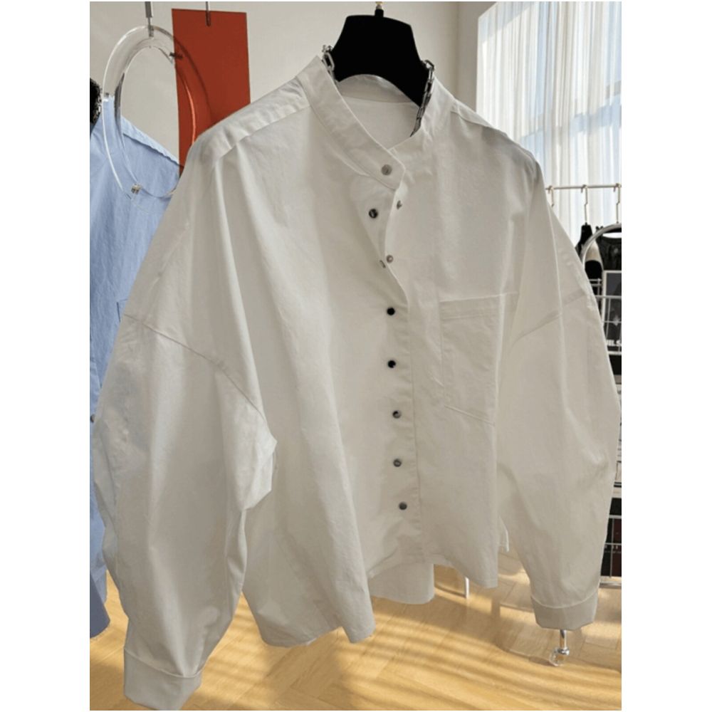 Unique and sophisticated European style long sleeved stand up collar shirt for women perfect for spring Loose fit and stylish design image 1