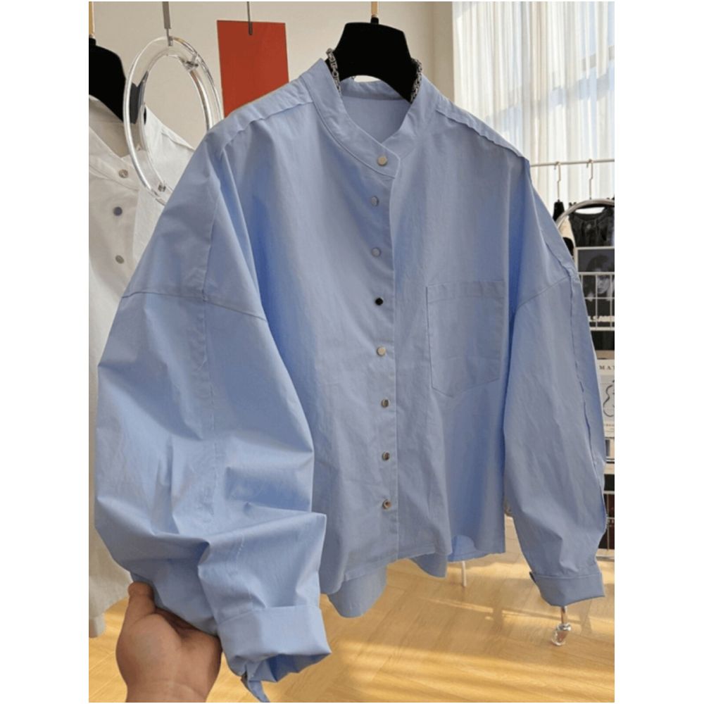 Unique and sophisticated European style long sleeved stand up collar shirt for women perfect for spring Loose fit and stylish design image 2