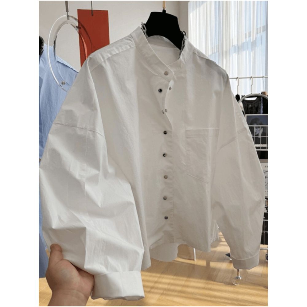 Unique and sophisticated European style long sleeved stand up collar shirt for women perfect for spring Loose fit and stylish design image 3