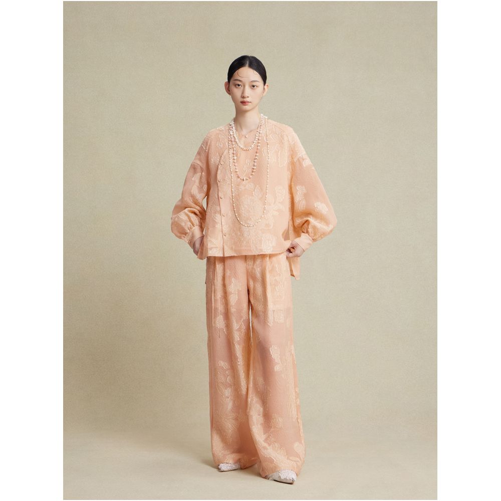 Nian Twelve Flower Festival Silk Cut Out Floral New Chinese Style Wide Leg Pants Simple Chinese Style Floor Length Lazy Long Pants image 1