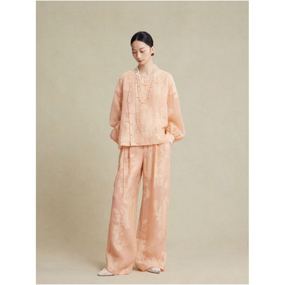 Nian Twelve Flower Festival Silk Cut Out Floral New Chinese Style Wide Leg Pants Simple Chinese Style Floor Length Lazy Long Pants image 3