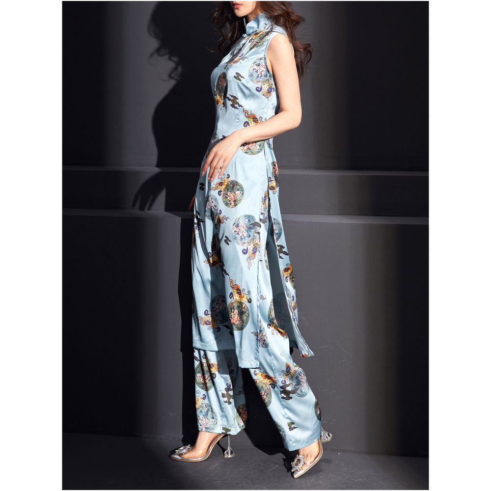 Fulang 2026 Original Design Modified Dai ao Retro Fashion Summer Set Young Style Long Cheongsam Wide Leg Pants Suit image 1