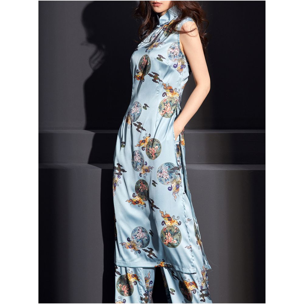Fulang 2026 Original Design Modified Dai ao Retro Fashion Summer Set Young Style Long Cheongsam Wide Leg Pants Suit image 3