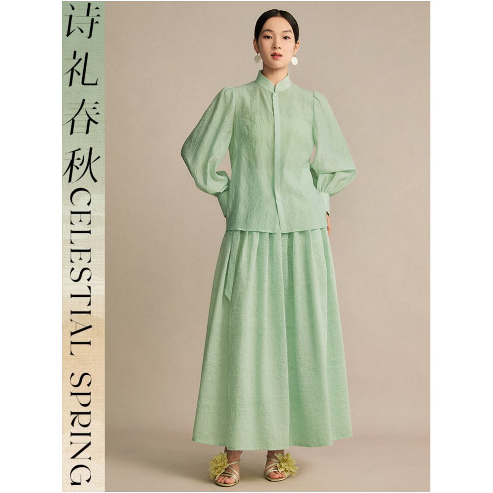 Poetry and Etiquette Spring and Autumn Original Design Improved New Chinese Style Women s Clothing Stand Collar Mint Green Top with Puff Sleeves Chinese Style Shirt image 1