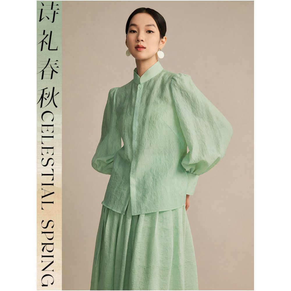Poetry and Etiquette Spring and Autumn Original Design Improved New Chinese Style Women s Clothing Stand Collar Mint Green Top with Puff Sleeves Chinese Style Shirt image 2