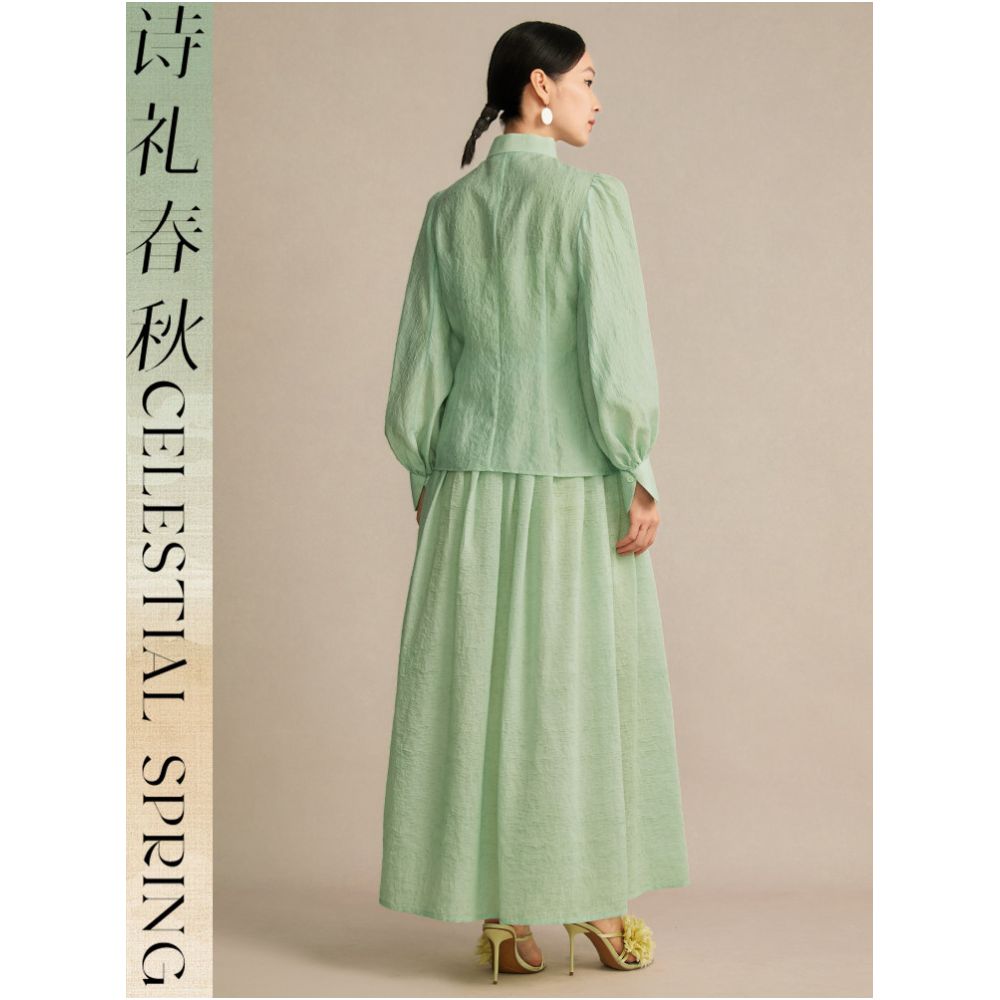 Poetry and Etiquette Spring and Autumn Original Design Improved New Chinese Style Women s Clothing Stand Collar Mint Green Top with Puff Sleeves Chinese Style Shirt image 4