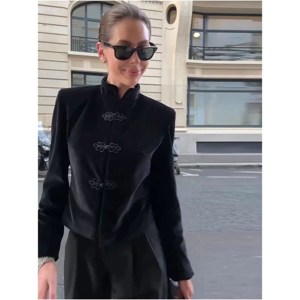Women Velevt Frog Closure Jacket Stand Collar Single Breaste image 2