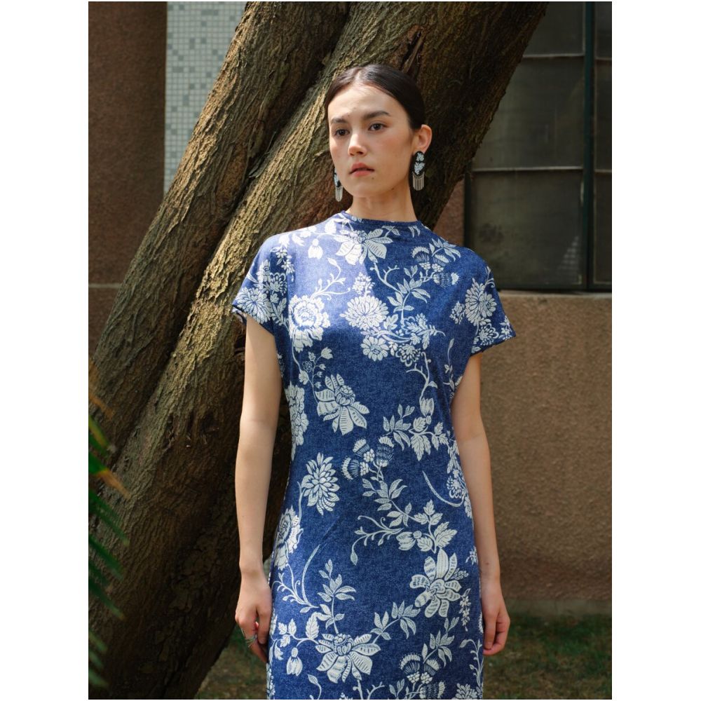 TAORAN Women s Denim Blue Floral Dress New Chinese Style Everyday Modified Cheongsam Dress Young Style image 0