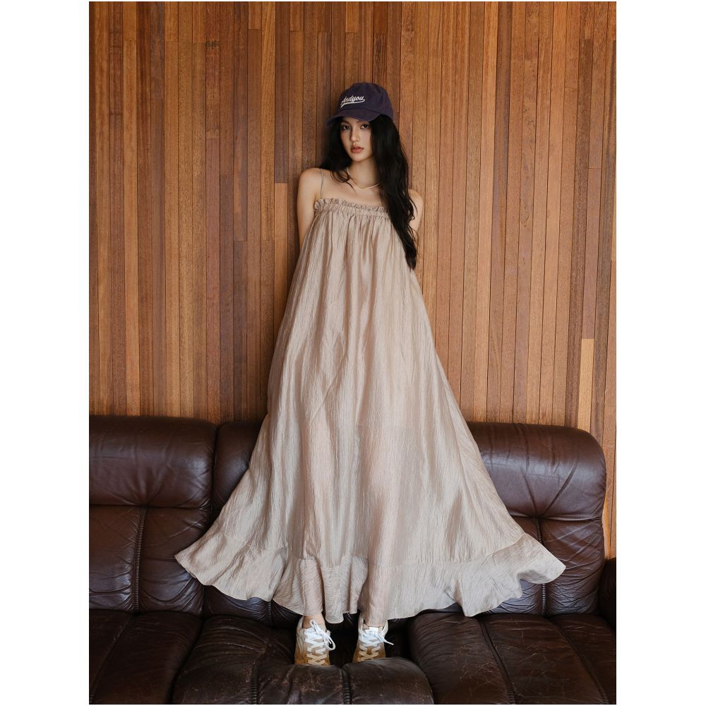 FRESH UP Heavyweight Acetate Silky Flowy Spaghetti Strap Dress for Women Super Fairy like Slimming Pleated Long A line Skirt image 0