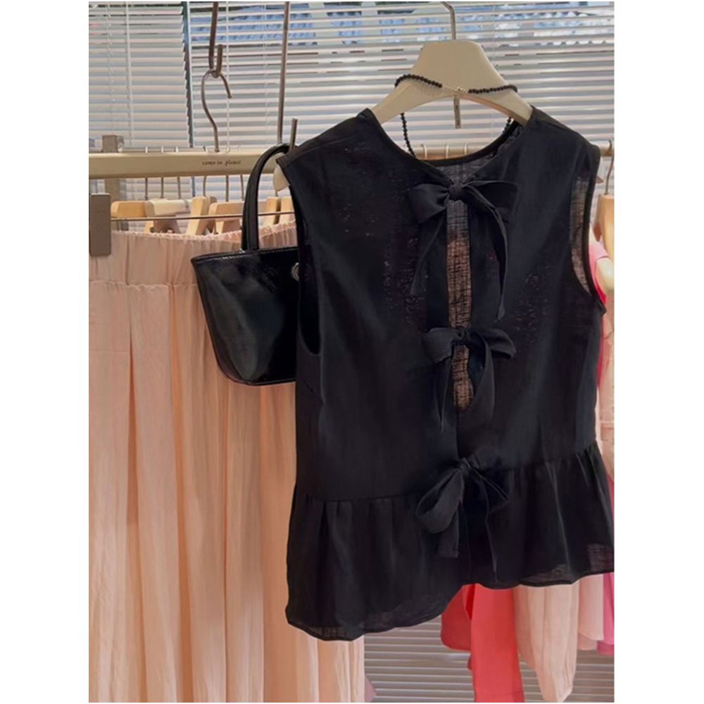 French retro black linen sleeveless shirt vest for women summer style bow tie hollowed out backless top image 0
