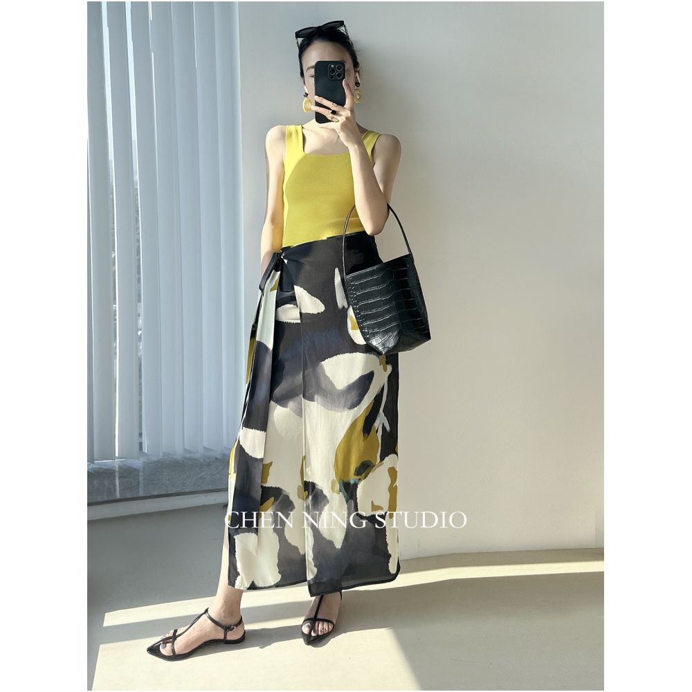 LemonChen Fashionable Art Student Silk Ink Painting Sleeveless Dress with Wrap Up Ribbon Skirt image 0
