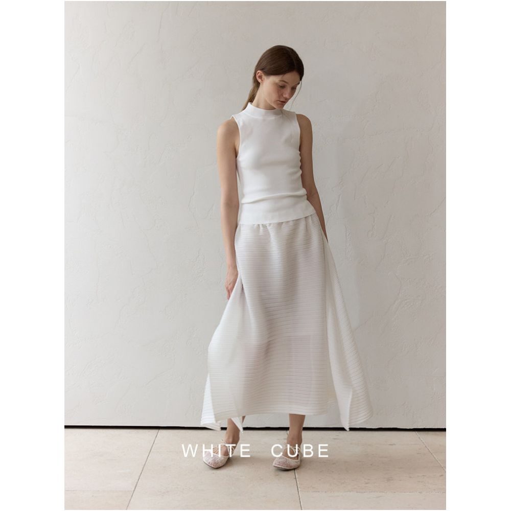 Whitecube Miyake inspired flowing pleated irregular side slit elastic waist white midi skirt for women summer style image 1