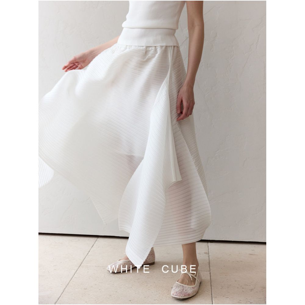 Whitecube Miyake inspired flowing pleated irregular side slit elastic waist white midi skirt for women summer style image 2