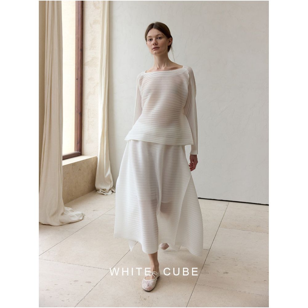 Whitecube Miyake inspired flowing pleated irregular side slit elastic waist white midi skirt for women summer style image 3