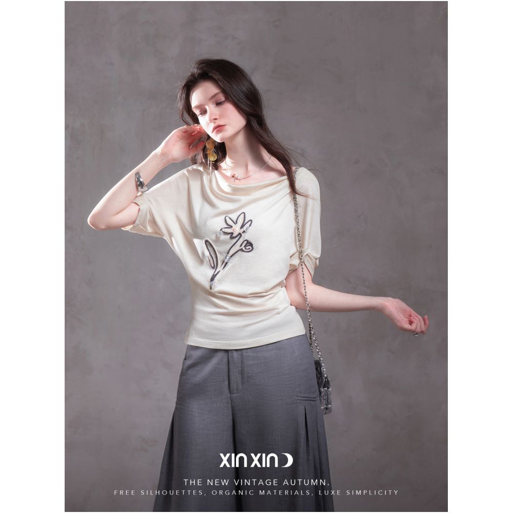 XINXINYUE Handmade Art Floral Shadow Rice Apricot Lyocell Hemp 3D Floral Slim Fit Ruffle Neck T Shirt image 0
