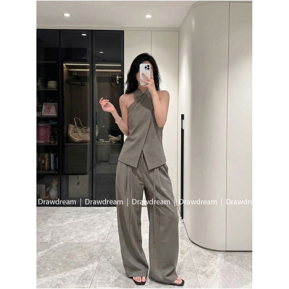 Drawdream Minimalist High End Halter Neck Irregular Vest for Women Loose Drawstring Wide Leg Pants Two Piece Set image 1