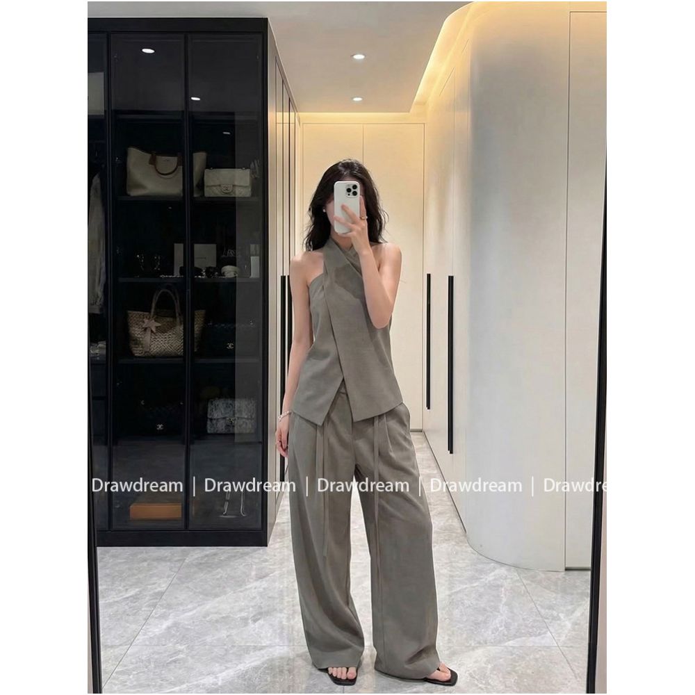 Drawdream Minimalist High End Halter Neck Irregular Vest for Women Loose Drawstring Wide Leg Pants Two Piece Set image 2