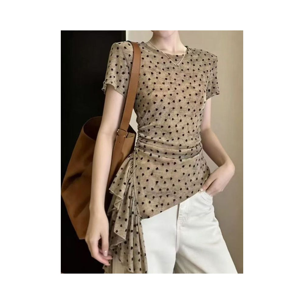 Rixo Marcy Trendy Polka Dot Crew Neck Short Sleeve T Shirt Women s Clothing Irregular Hem Fitted Waist Slimming and Stylish Top image 2