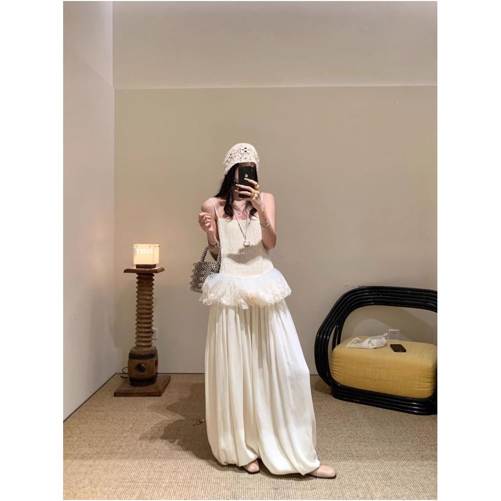 WINNI CELH 26 Spring Summer Silk Lace Camisole White Slimming Floral Trim Vest Top Lantern Pants Women s image 0