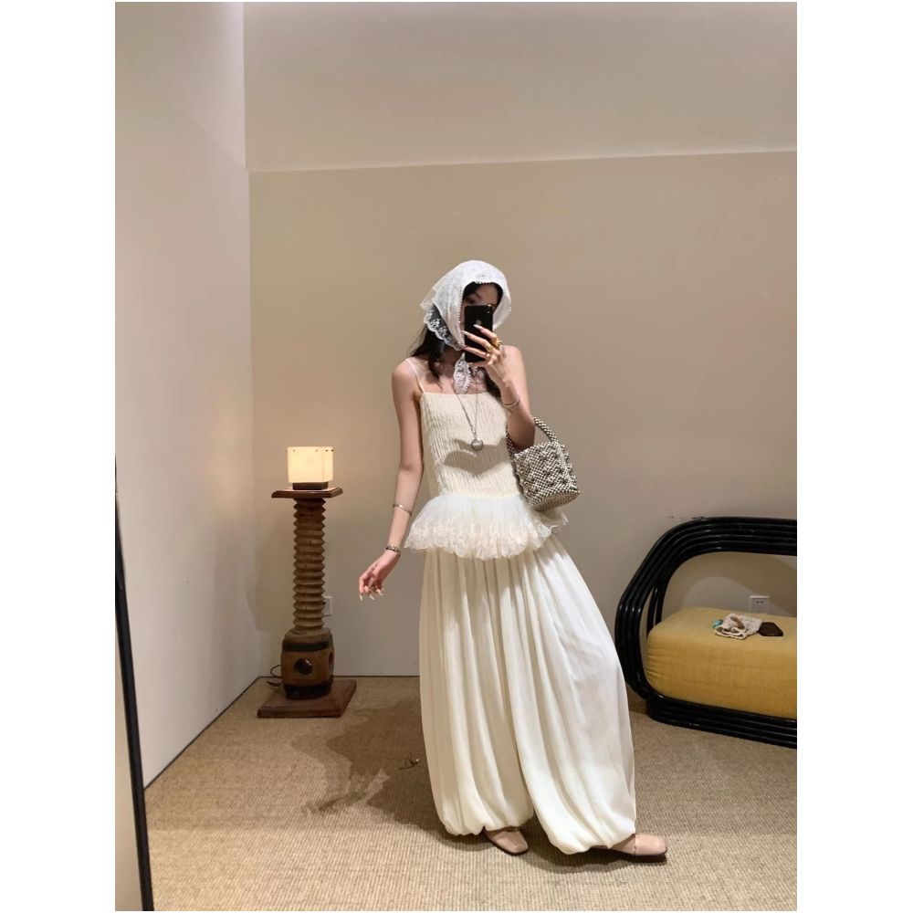 WINNI CELH 26 Spring Summer Silk Lace Camisole White Slimming Floral Trim Vest Top Lantern Pants Women s image 2