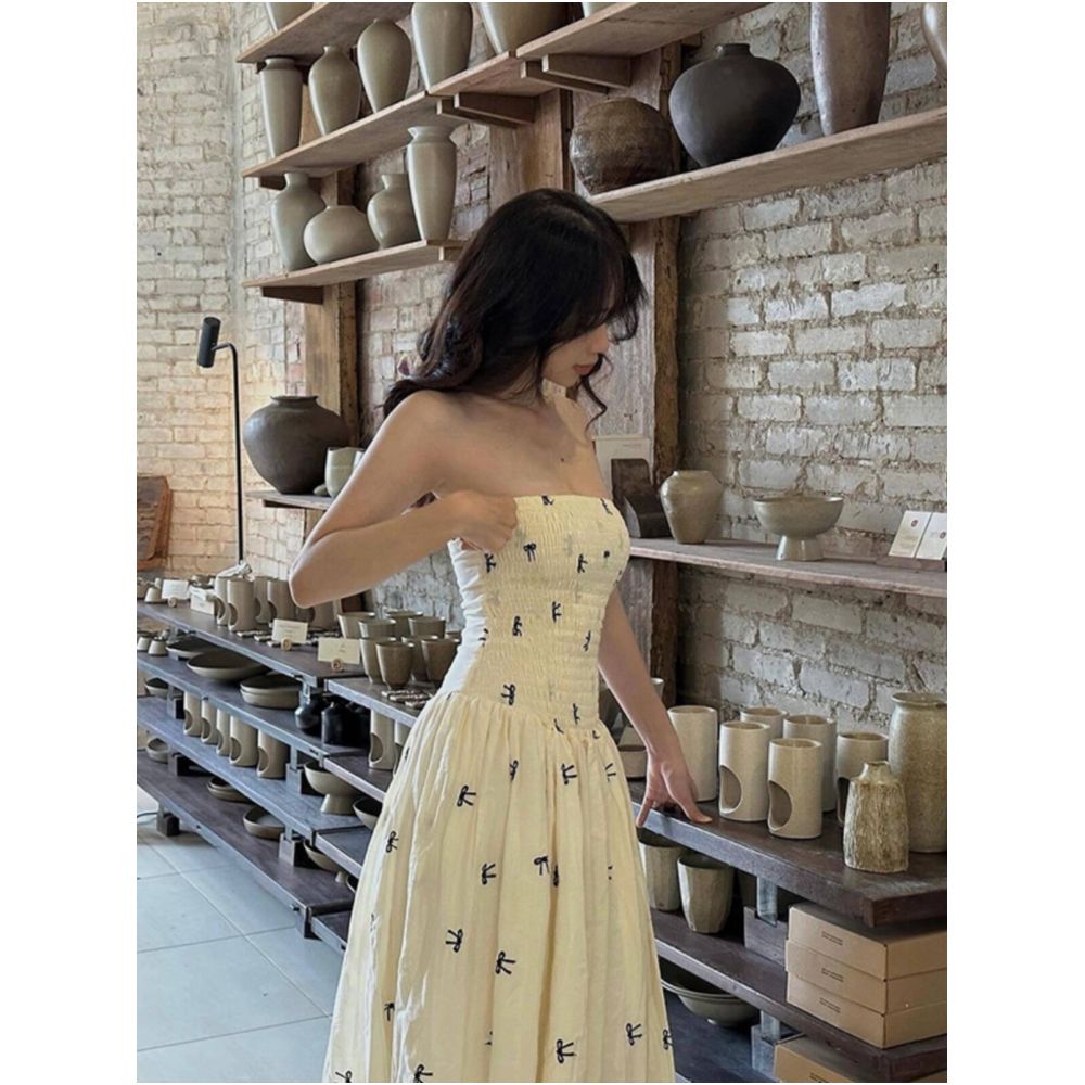 LOAMAR STUDIO Yellow Strapless Ruffled Bow Print Women s Dress 2025 New Resort Style image 1