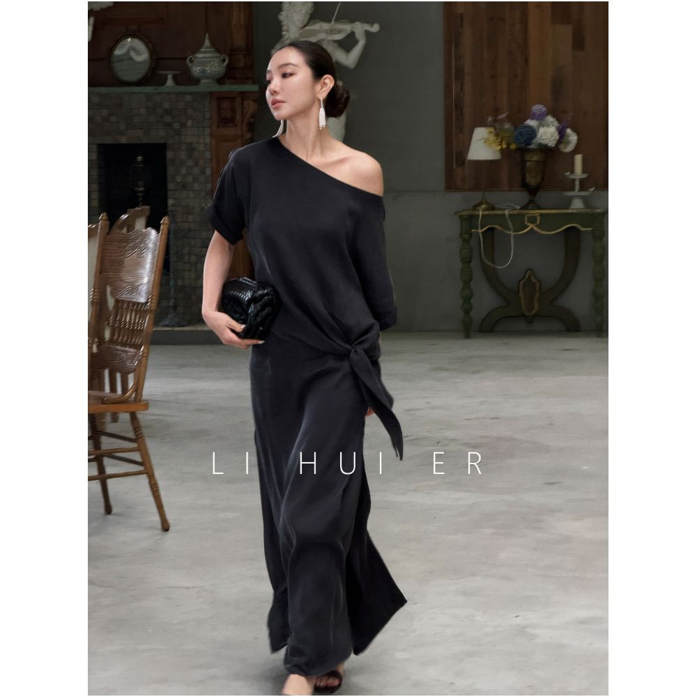 LiHuiEr Li Huier Qian Jing Salt style mature minimalist design short sleeved T shirt and skirt two piece set for women image 0