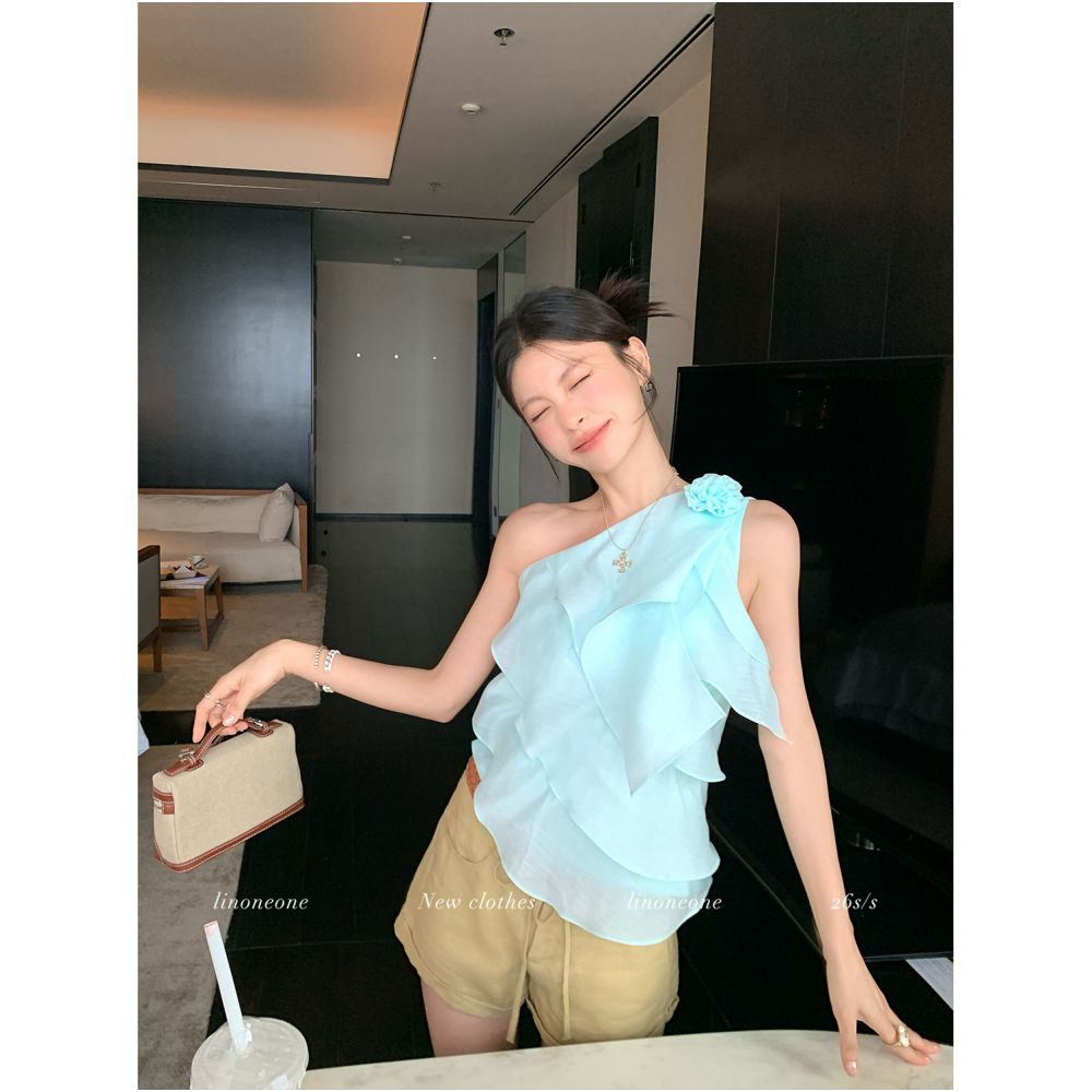 ASAYA7065 – Blossom Cascade One-Shoulder Top 🌸🤍