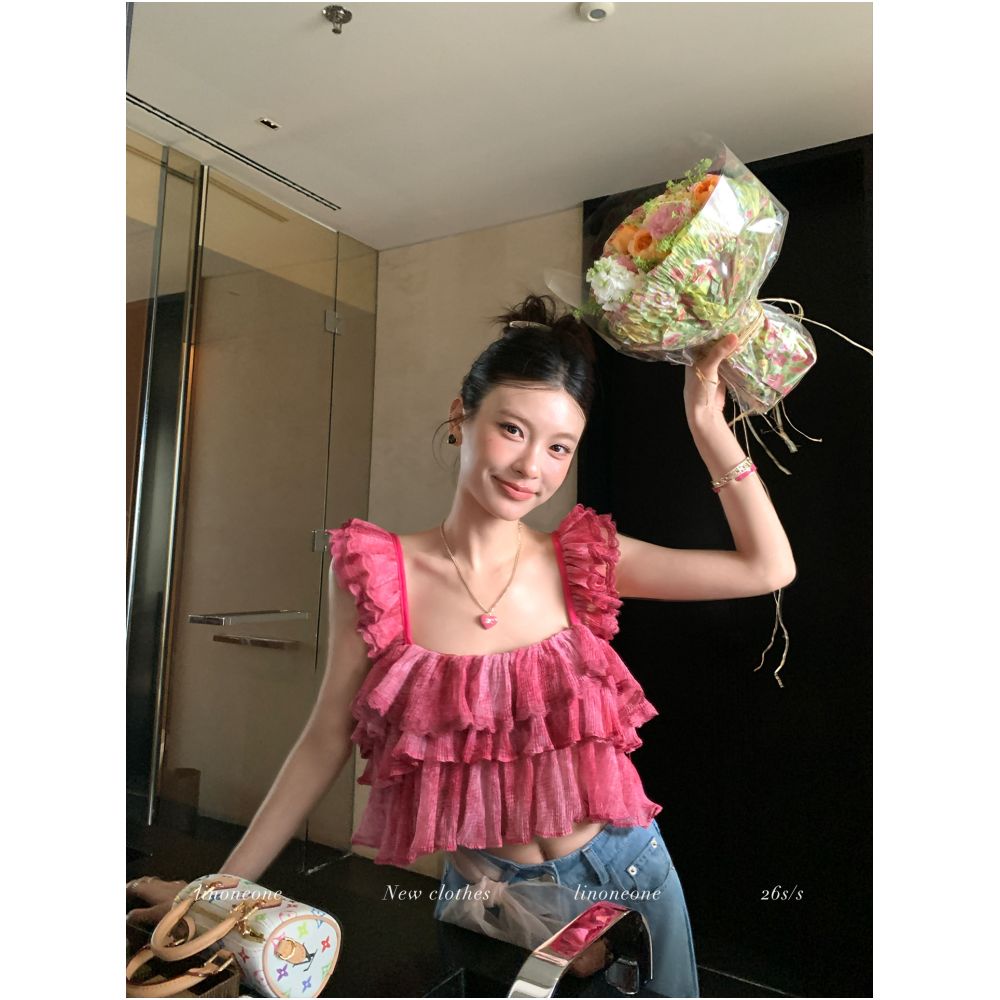 LINONEONE Milk Cake Sweet Wine Playful Heiress Square Neck Pleated Multi Layer Ruffle Short Sleeveless Top Vest image 2
